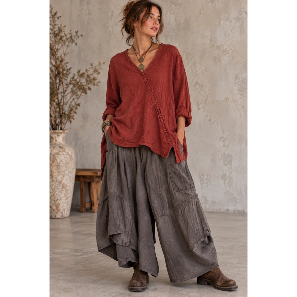 FLAX Top 100% Linen Terracotta V-Neck Long Sleeve Lagenlook Coastal Women Small